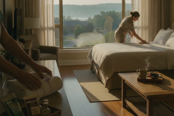 Spacious hotel bedroom with large windows overlooking a river valley and forested hills, person making bed in foreground