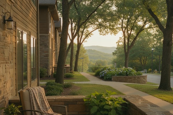 Brick home patio with chair and potted plants, tree-lined driveway, mountain view in distance
