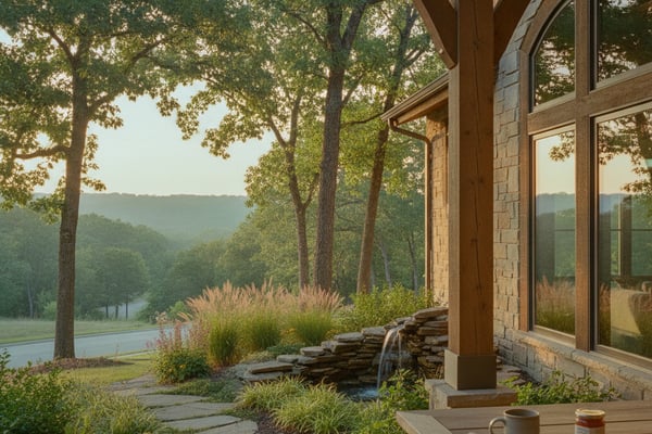 Modern stone house with large windows overlooking forested valley and river, stone patio with landscaping and water feature.