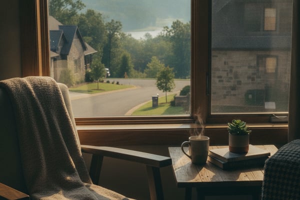 Window seat with armchair, blanket, and table overlooking valley with houses, trees, and distant water