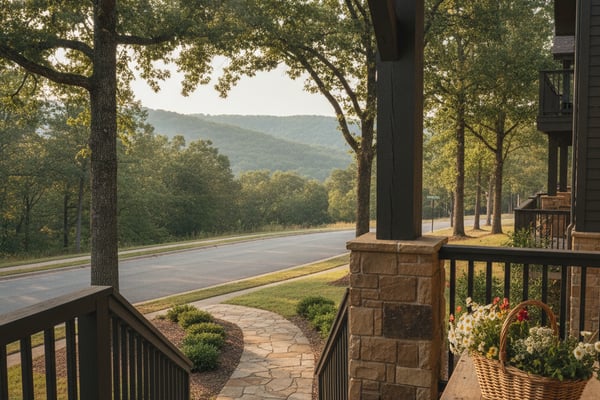 Covered porch with stone columns and wooden railings overlooking a driveway, mature trees, and forested hills in the distance.